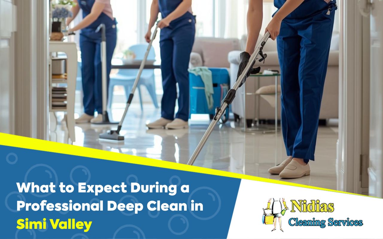 A professional cleaner performing a deep clean in a Simi Valley home, focusing on kitchen and bathroom details.